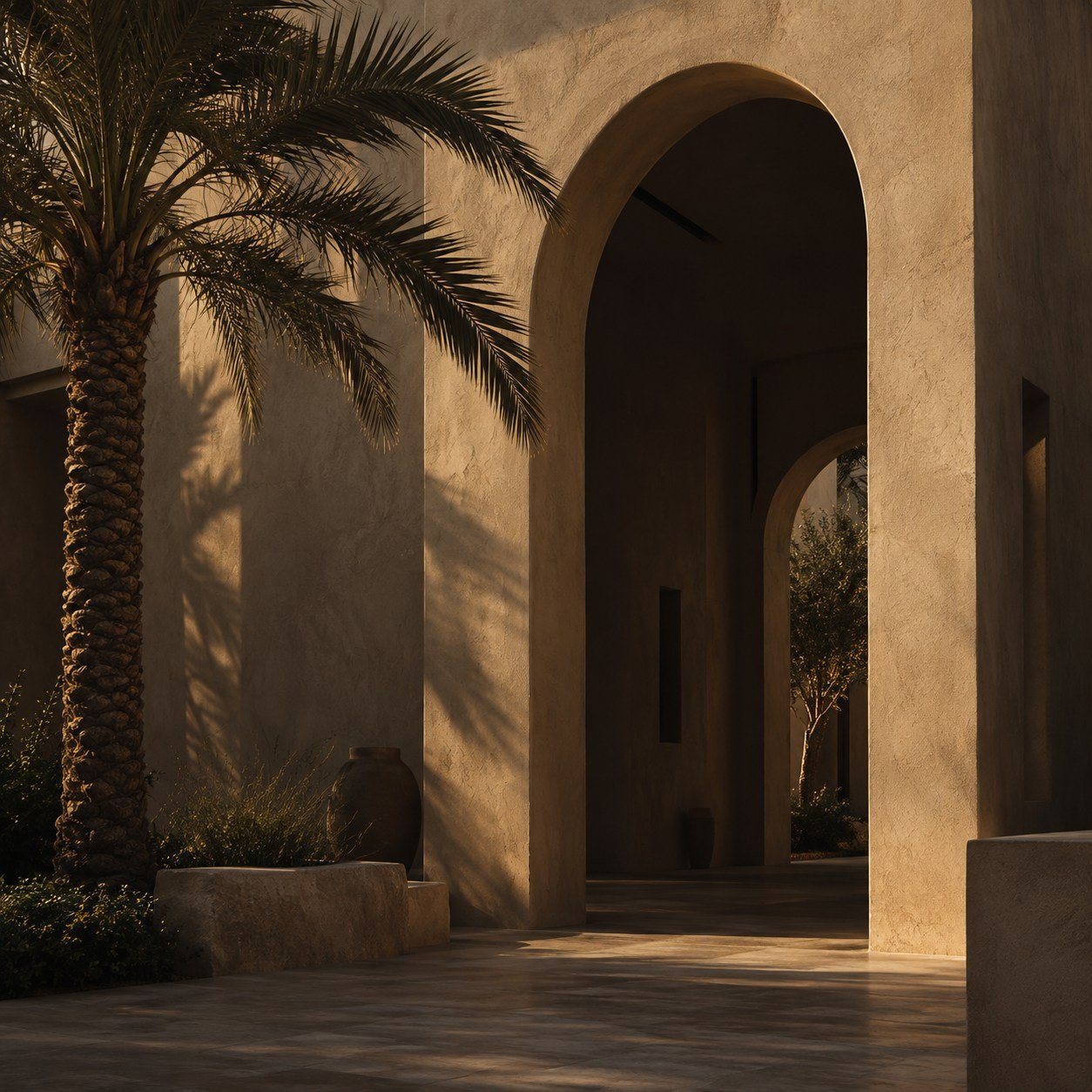 Sculptural concrete arch and palm in Saudi Arabia