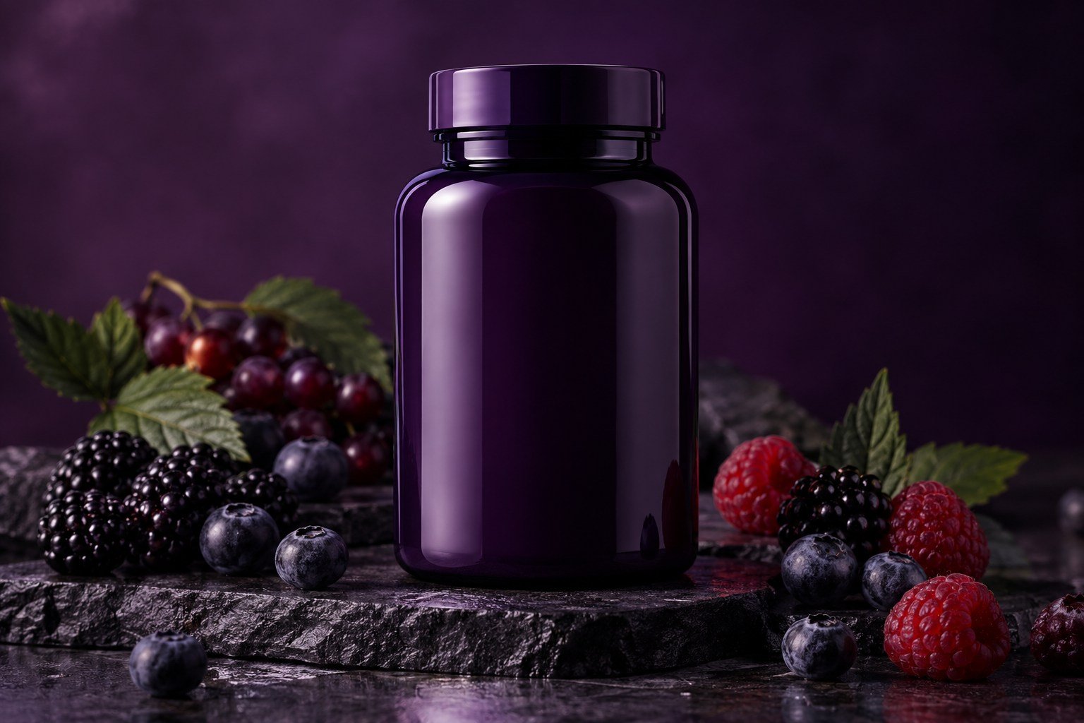 Unbranded wellness bottle in a dark still life