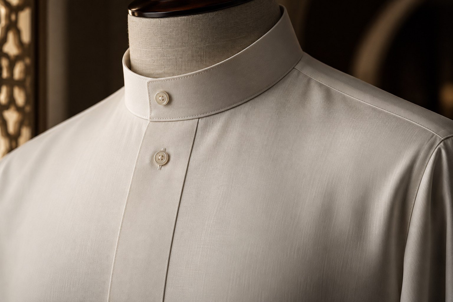 Detail of a tailored ivory Saudi thobe